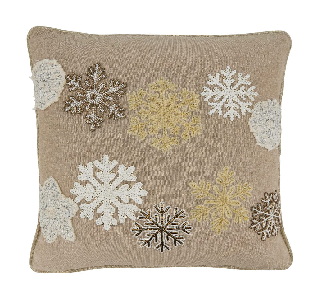 Fennco Styles Beaded Embroidered Snowflake Cotton Throw Pillow 18" W x 18" L - Natural Holiday Cushion for Christmas, Home, Couch, Living Room Décor, Special Occasion