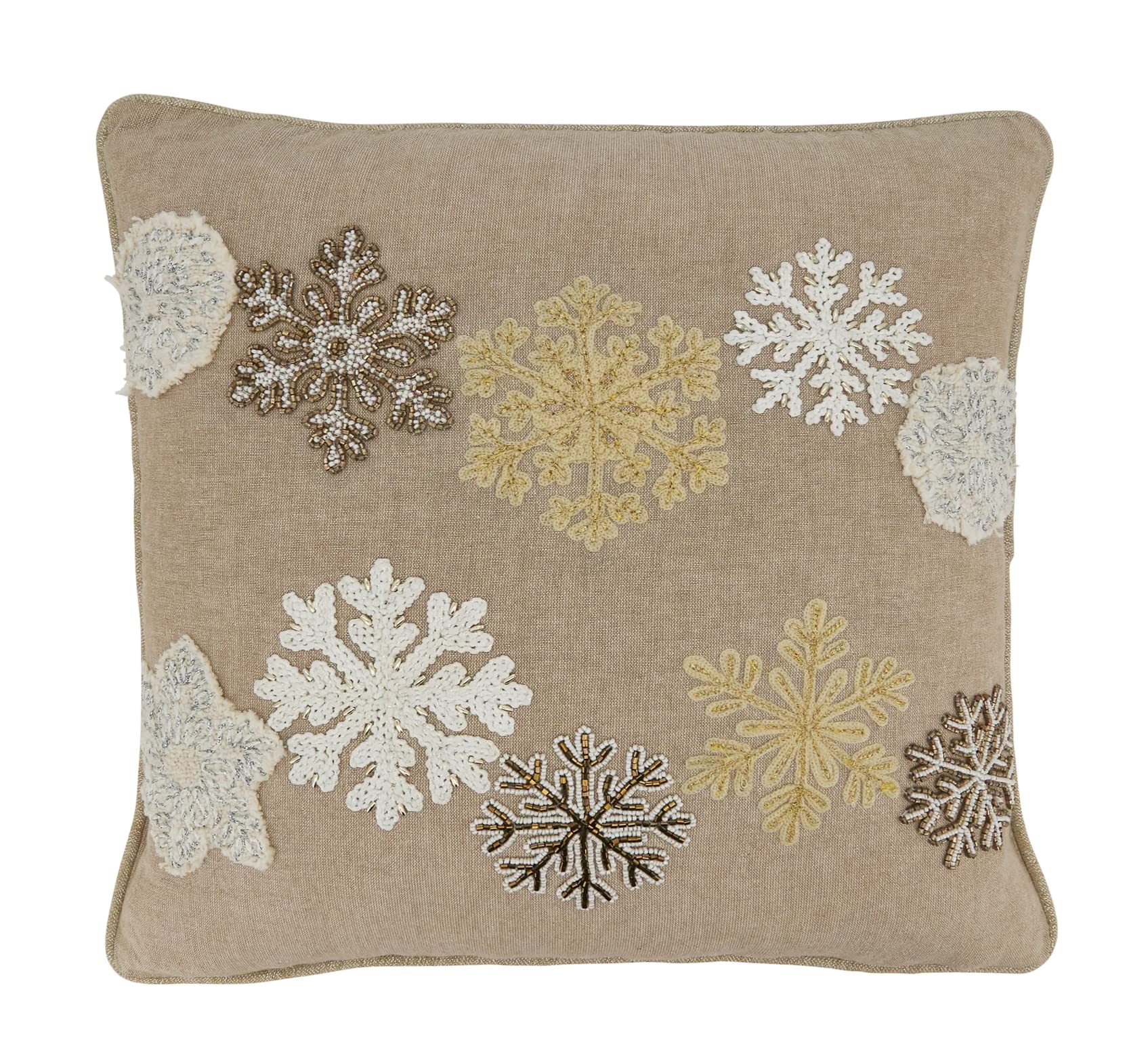 Fennco Styles Beaded Embroidered Snowflake Cotton Throw Pillow 18" W x 18" L - Natural Holiday Cushion for Christmas, Home, Couch, Living Room Décor, Special Occasion