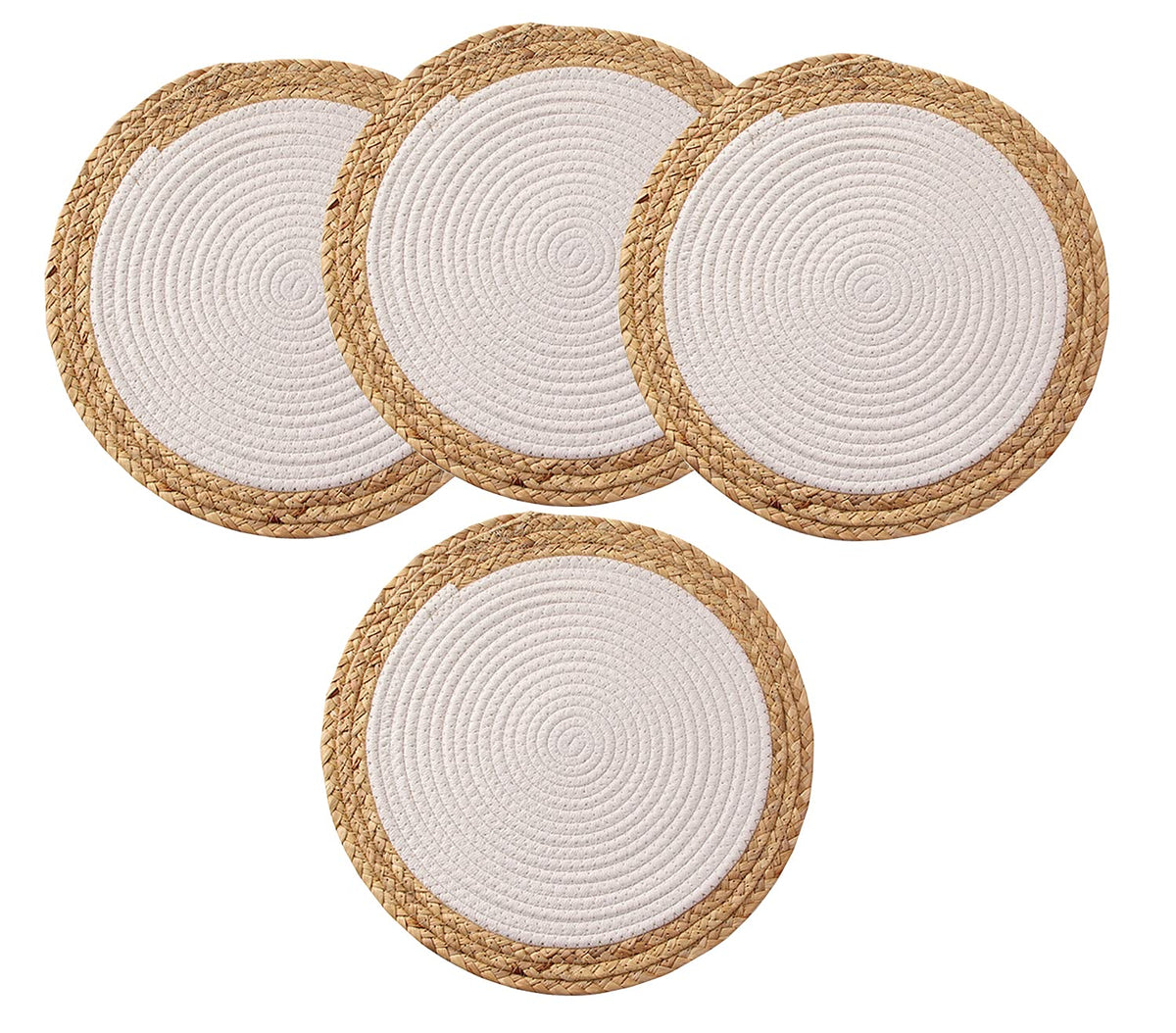 Fennco Styles Hand-Woven Rattan Cotton Rope Placemats Round, Set of 4 - Braided Table Mats Heat Resistant Insulation for Home, Boho Décor, Dining Table, Banquets, Special Events