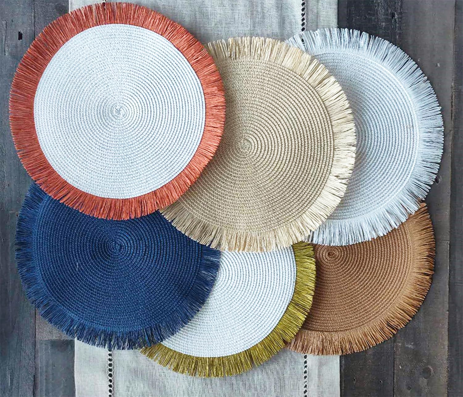 Fennco Styles Handwoven Fringe Boho Placemats 15" Round - Natural Braided Texture Table Mats for Home, Dining Room, Banquets, Family Gathering and Special Occasion