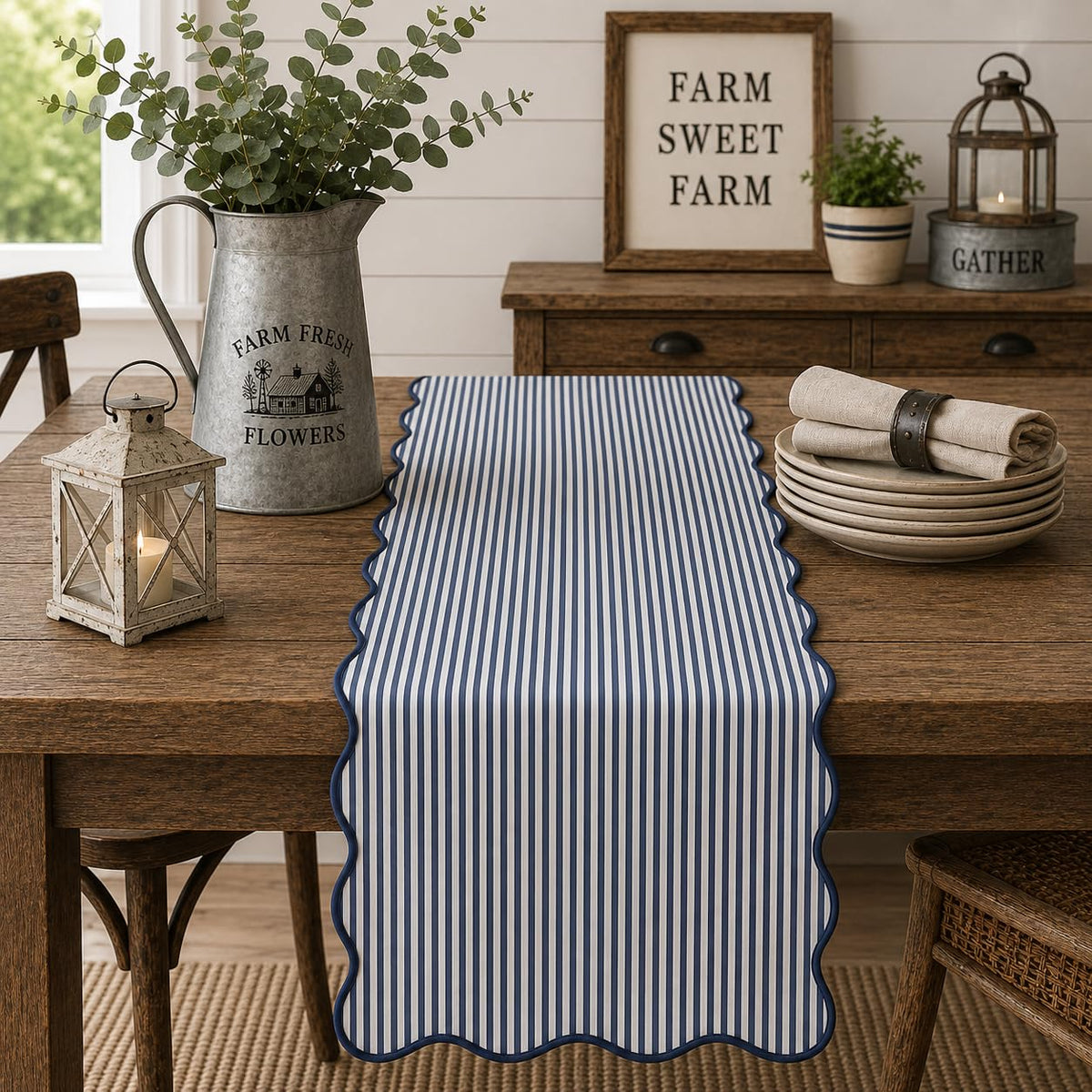 Fennco Styles Scalloped Stripe Table Runner 16 X 72 Inch - Lined Farmhouse Decorative Table Cover for Kitchen, Dining Room, Holiday & Everyday Home Décor (Natural)