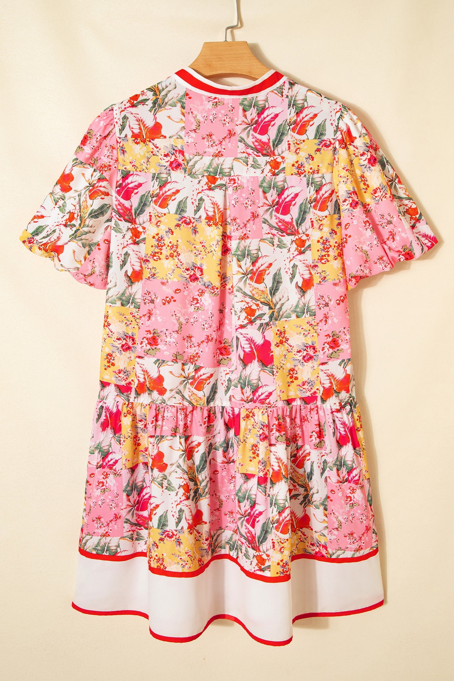 Floral Colorblock Trim V-Neck Ruffle Mini Dress