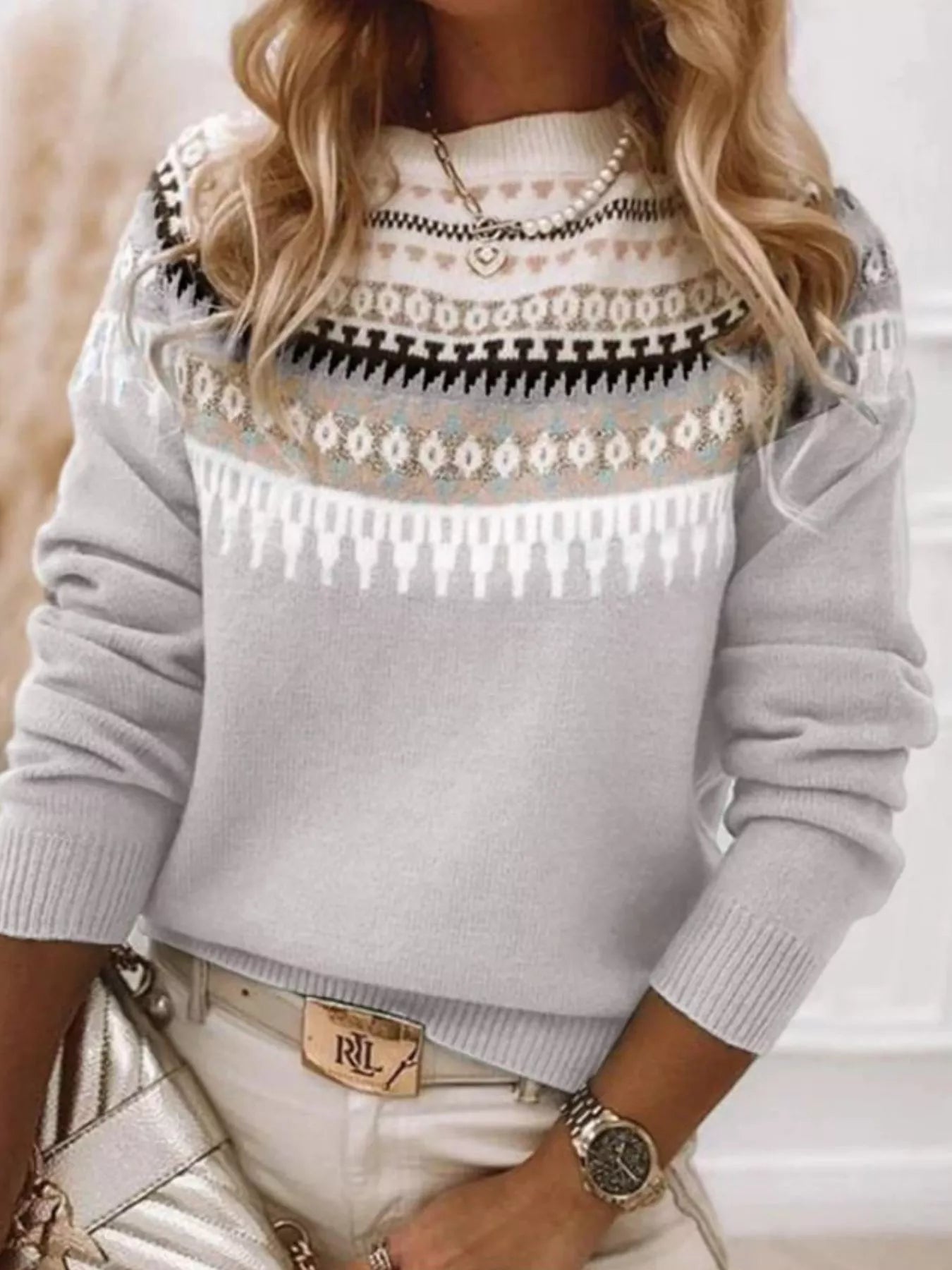 Full Size Vintage Patterned Round Neck Sweater Plus Size