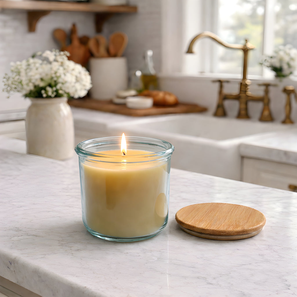 USA Beeswax Jar Candle in 10 Oz Spanish Recycled Glass Bamboo Lid