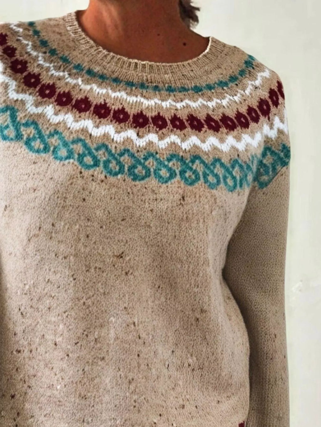 Full Size Vintage Patterned Round Neck Sweater Plus Size