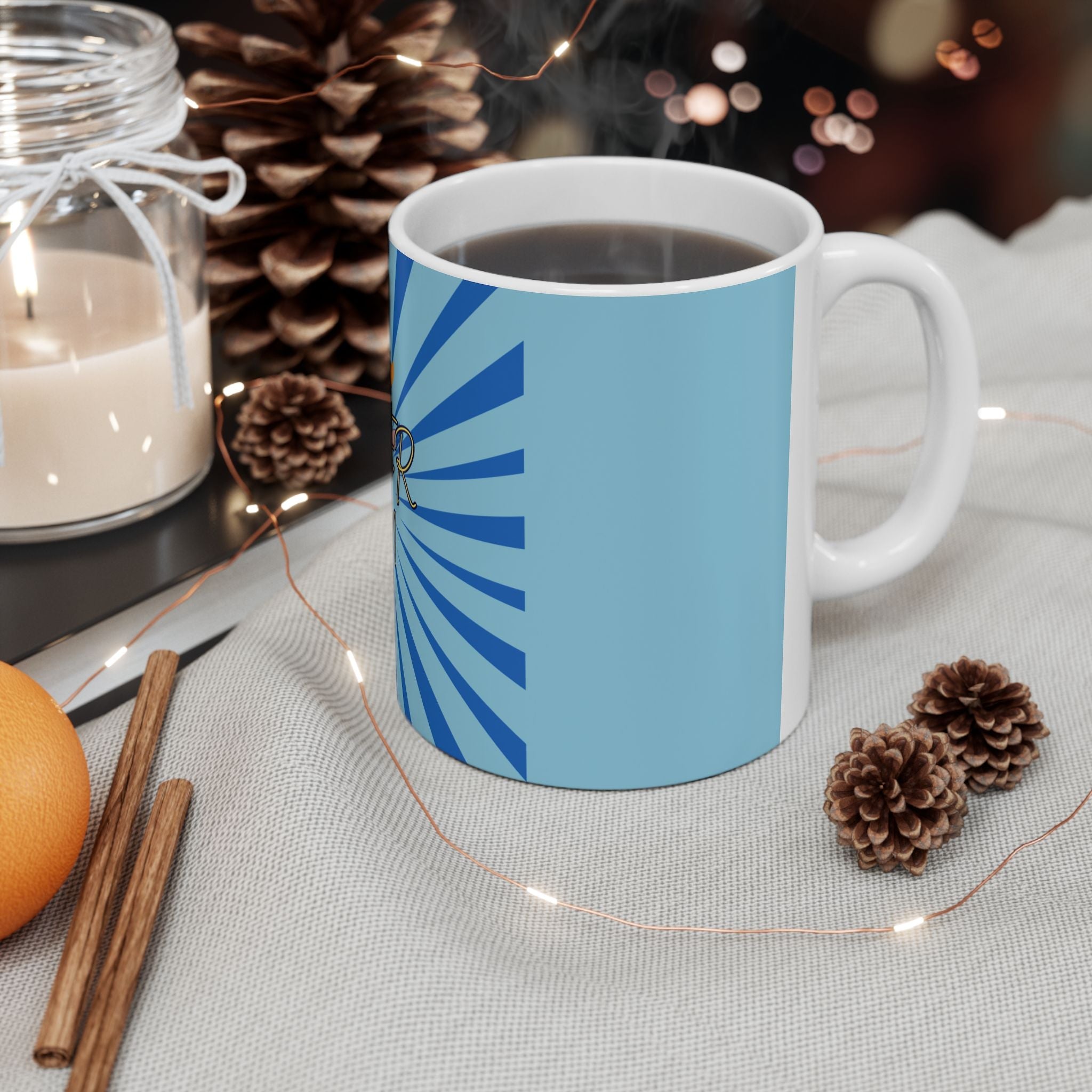 Super Mom Ceramic Mug, AZURE  BLUE  – Retro Superhero Mom Coffee Cup