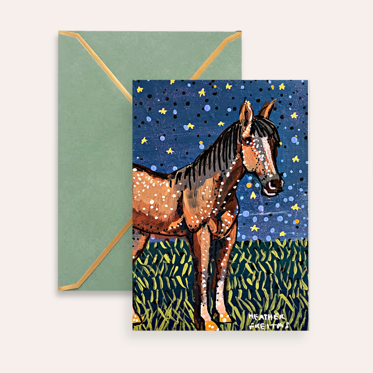 Brown Horse Starry Night Fine Art Greeting Card