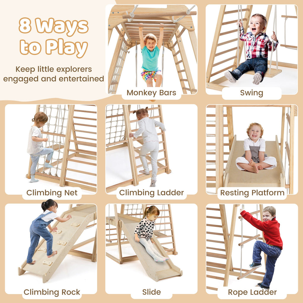 8-in-1 Jungle Gym Wooden Montessori Climber Playset with Slide and Monkey Bar for Kids 3-5 Years Old