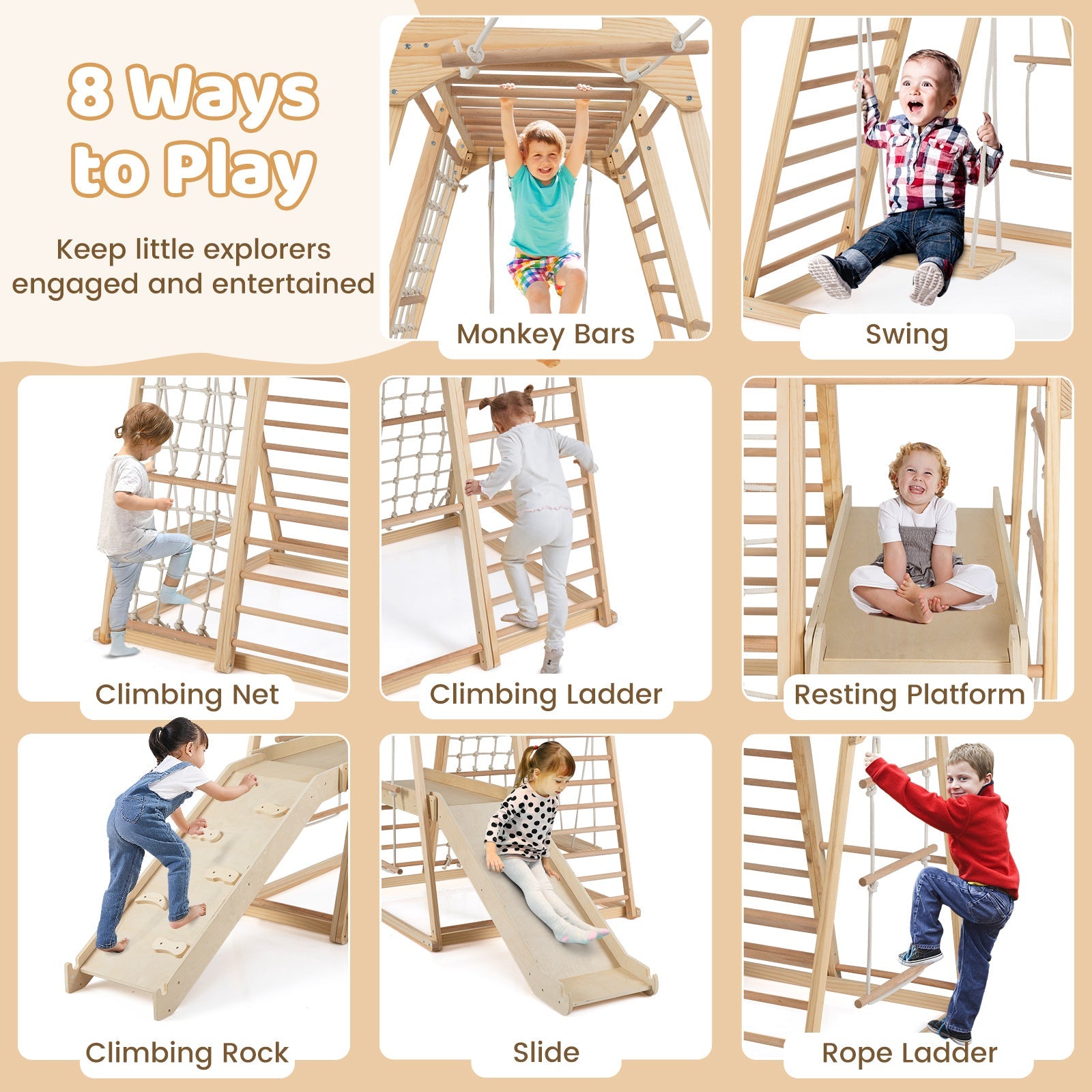 8-in-1 Jungle Gym Wooden Montessori Climber Playset with Slide and Monkey Bar for Kids 3-5 Years Old