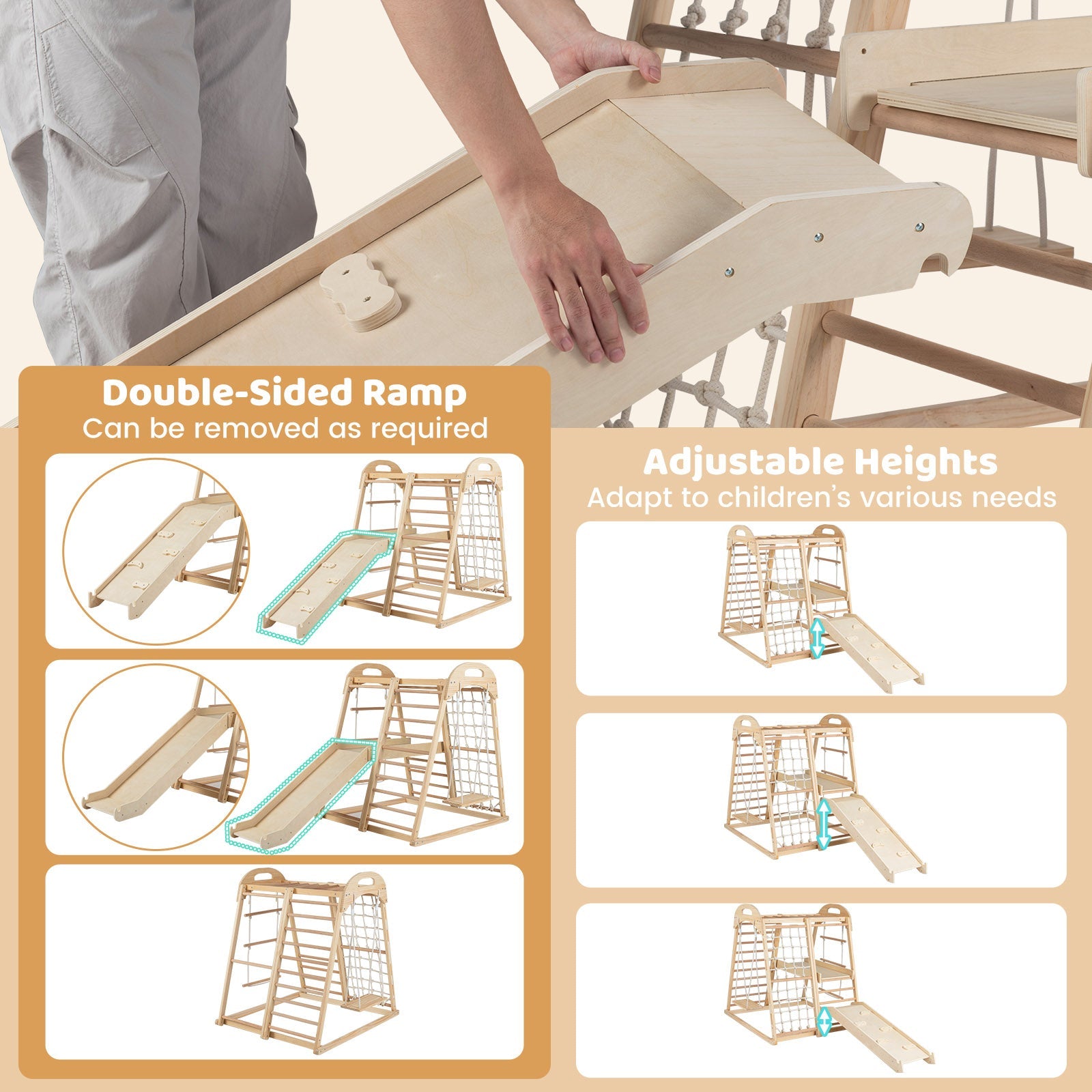8-in-1 Jungle Gym Wooden Montessori Climber Playset with Slide and Monkey Bar for Kids 3-5 Years Old