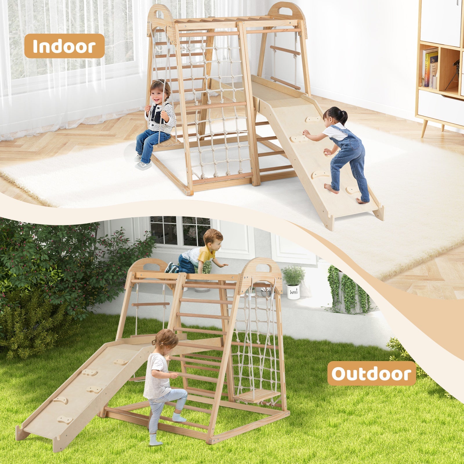 8-in-1 Jungle Gym Wooden Montessori Climber Playset with Slide and Monkey Bar for Kids 3-5 Years Old