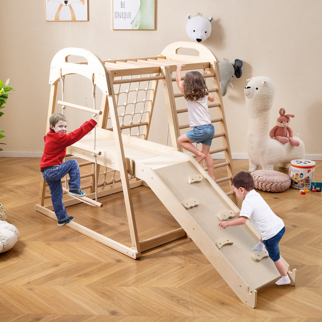 8-in-1 Jungle Gym Wooden Montessori Climber Playset with Slide and Monkey Bar for Kids 3-5 Years Old