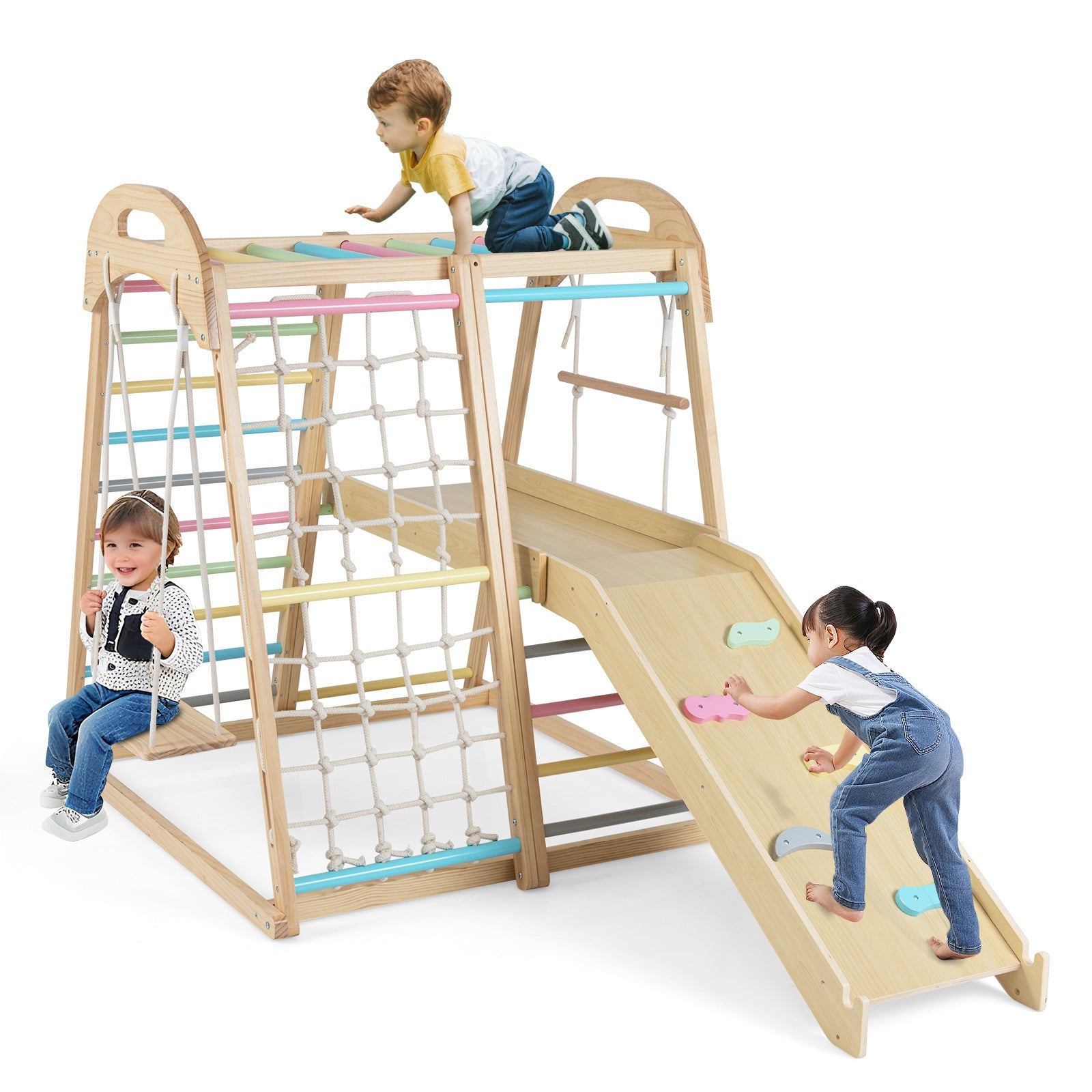 8-in-1 Jungle Gym Wooden Montessori Climber Playset with Slide and Monkey Bar for Kids 3-5 Years Old