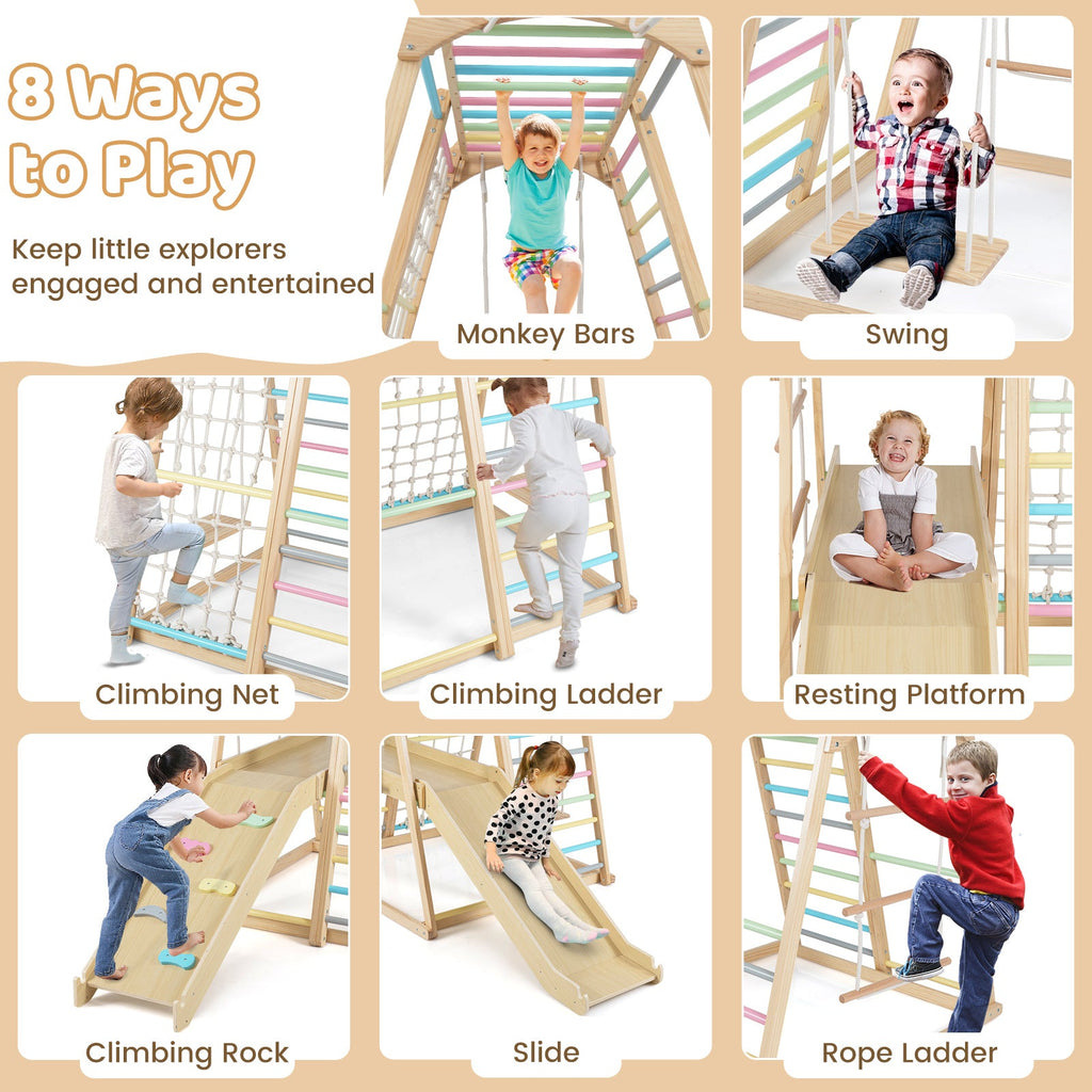 8-in-1 Jungle Gym Wooden Montessori Climber Playset with Slide and Monkey Bar for Kids 3-5 Years Old