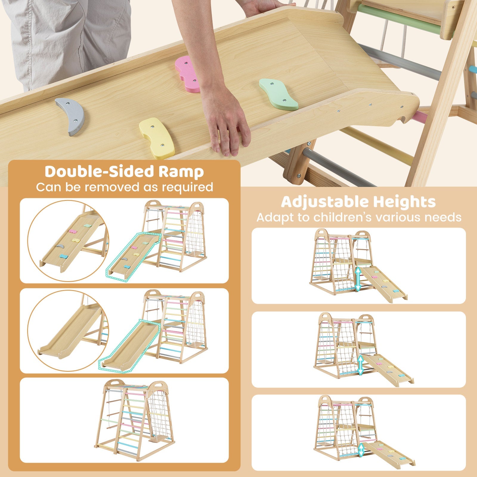 8-in-1 Jungle Gym Wooden Montessori Climber Playset with Slide and Monkey Bar for Kids 3-5 Years Old
