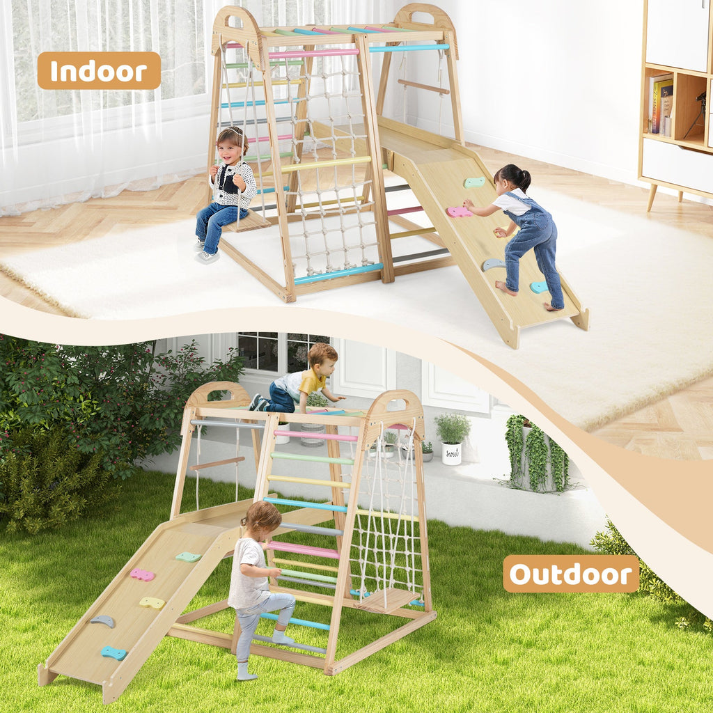 8-in-1 Jungle Gym Wooden Montessori Climber Playset with Slide and Monkey Bar for Kids 3-5 Years Old