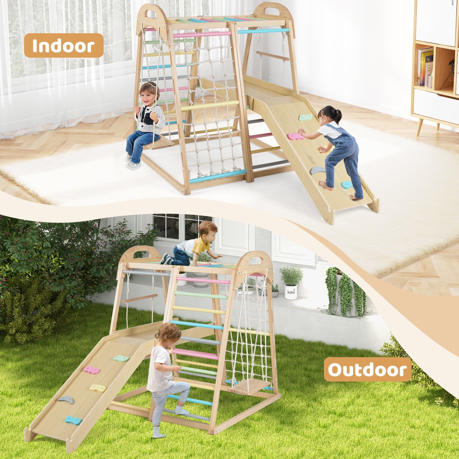 8-in-1 Jungle Gym Wooden Montessori Climber Playset with Slide and Monkey Bar for Kids 3-5 Years Old