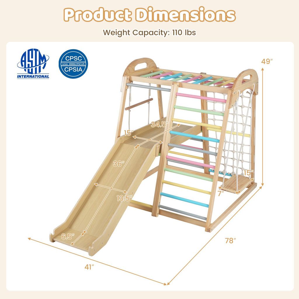 8-in-1 Jungle Gym Wooden Montessori Climber Playset with Slide and Monkey Bar for Kids 3-5 Years Old