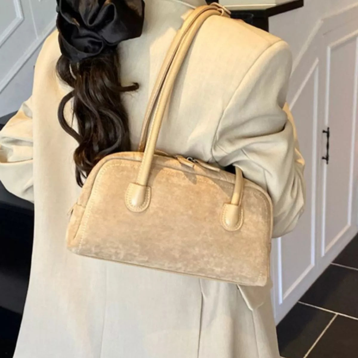 Velvet Shoulder Bag with Leather Strap