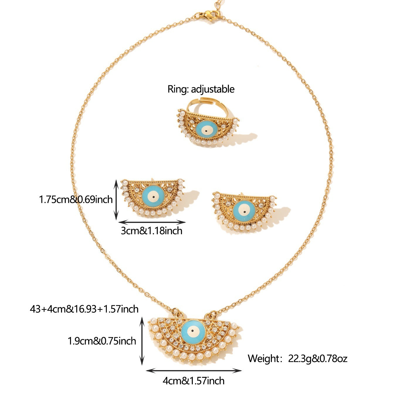Turkish Evil Eye Necklace, Earrings and Ring Set