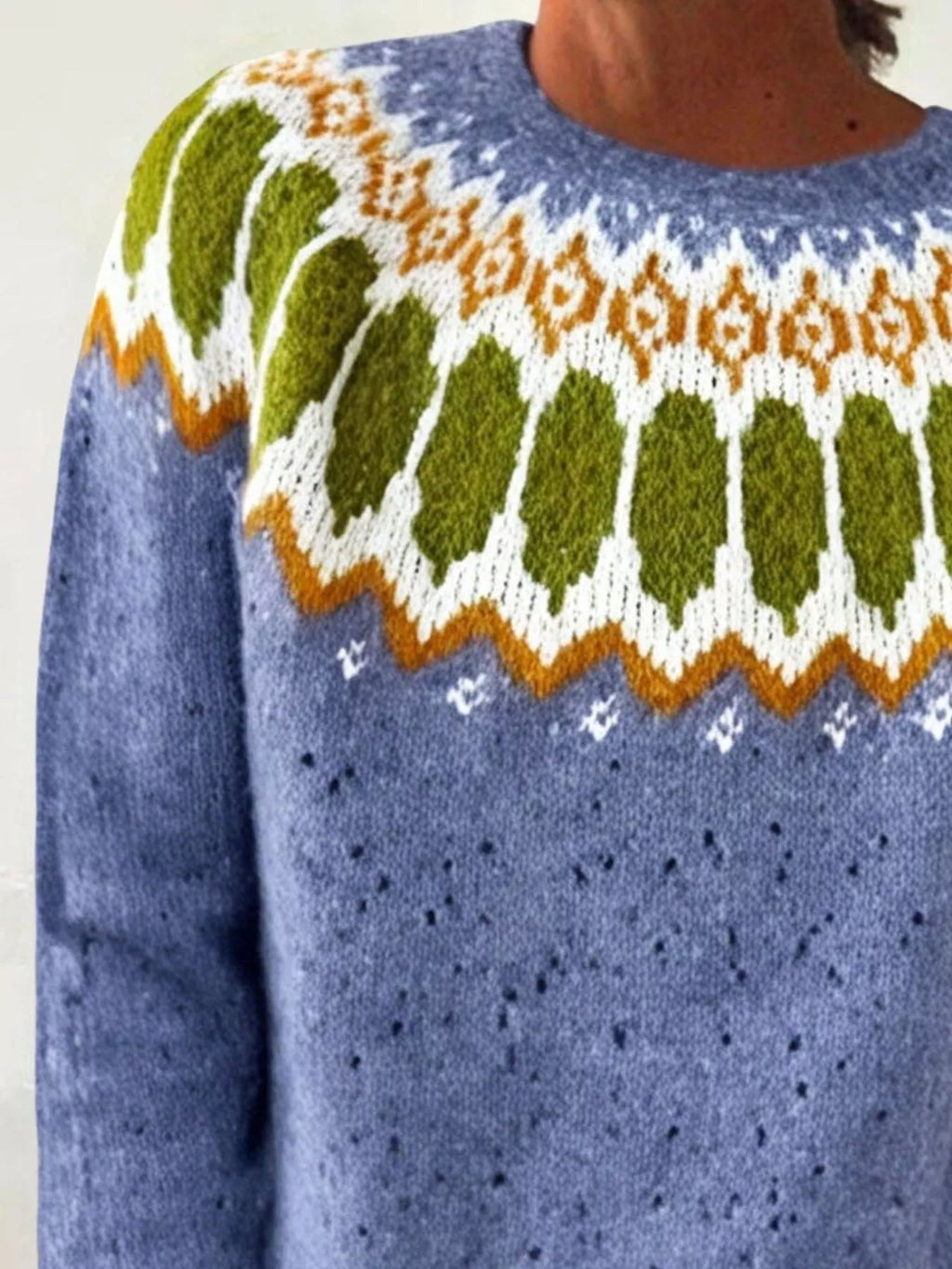 Full Size Vintage Patterned Round Neck Sweater Plus Size