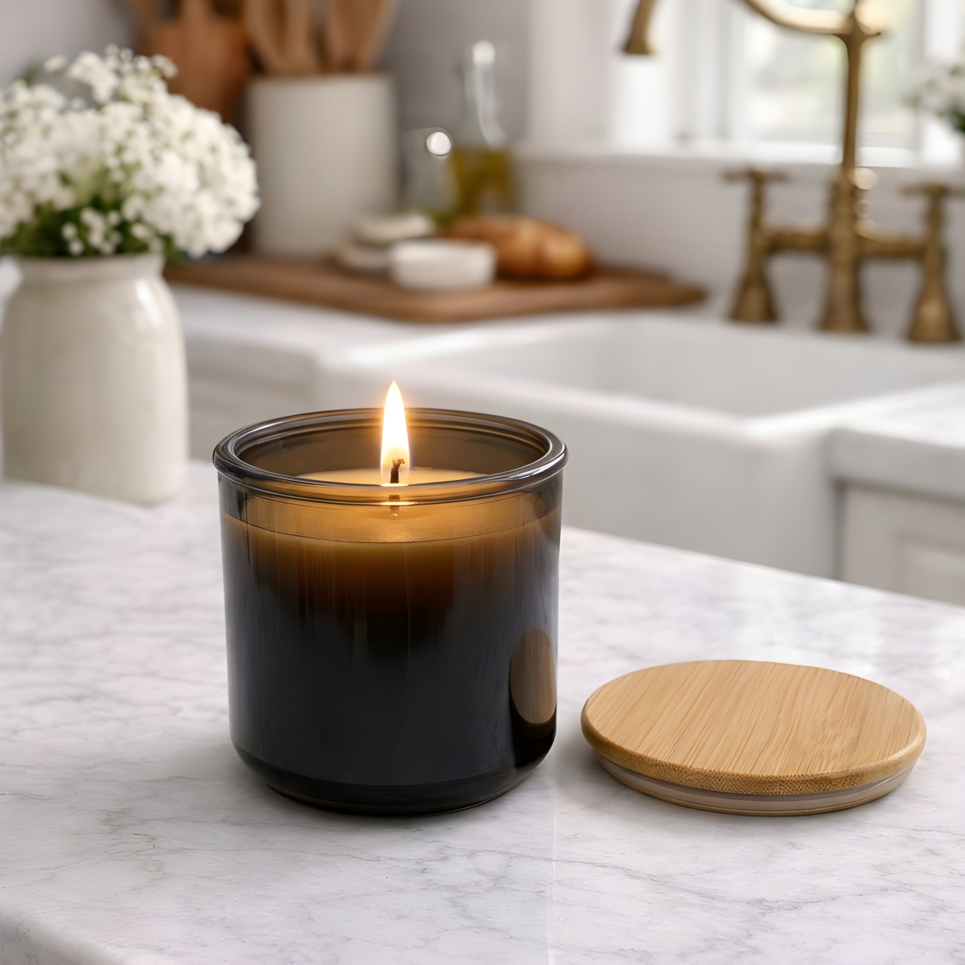 USA Beeswax Jar Candle in 10 Oz Spanish Recycled Glass Bamboo Lid