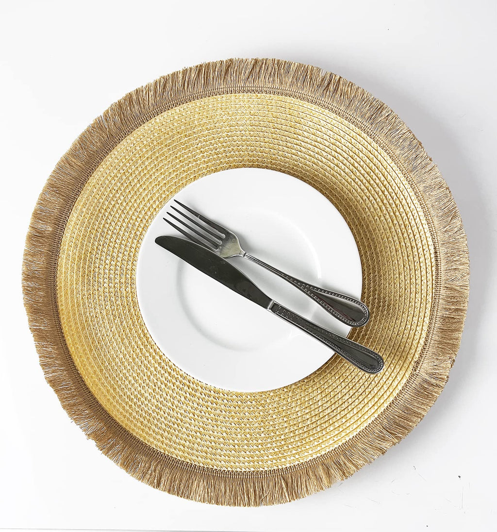 Fennco Styles Hand Braided Fringe Boho Placemats 15 Inch Round, Set of 4 - Beige & White Woven Textured Table Mats for Home, Dining Room, Banquets, Family Gathering and Special Occasion
