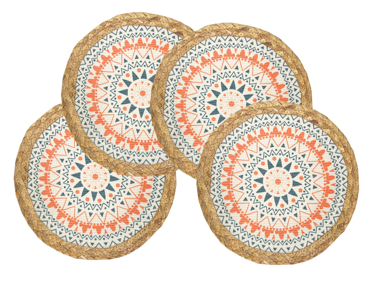 Fennco Styles Eclectic Mandala Water Hyacinth Edge Placemats 13" Round, Set of 4 - Multicolored Block Print Heat Resistant Insulation Table Mats for Home, Boho Décor, Dining Table, Banquets, Holidays