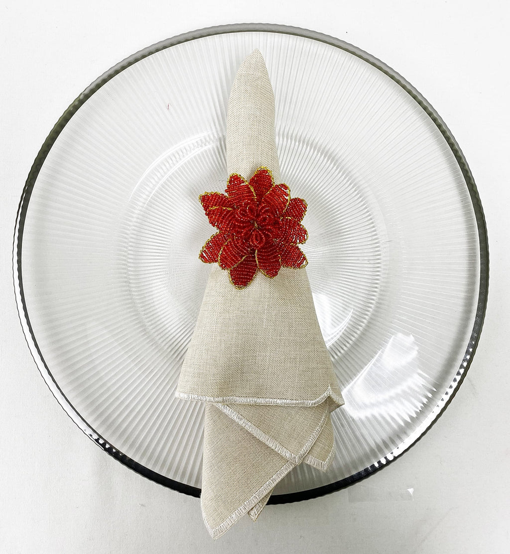 Fennco Styles Hand Beaded Christmas Poinsettia Napkin Rings, Set of 4 - Red Glass Bead Flower Napkin Holders for Home, Dining Room, Banquet, Family Gathering, Winter Holiday Décor and Special Occasion
