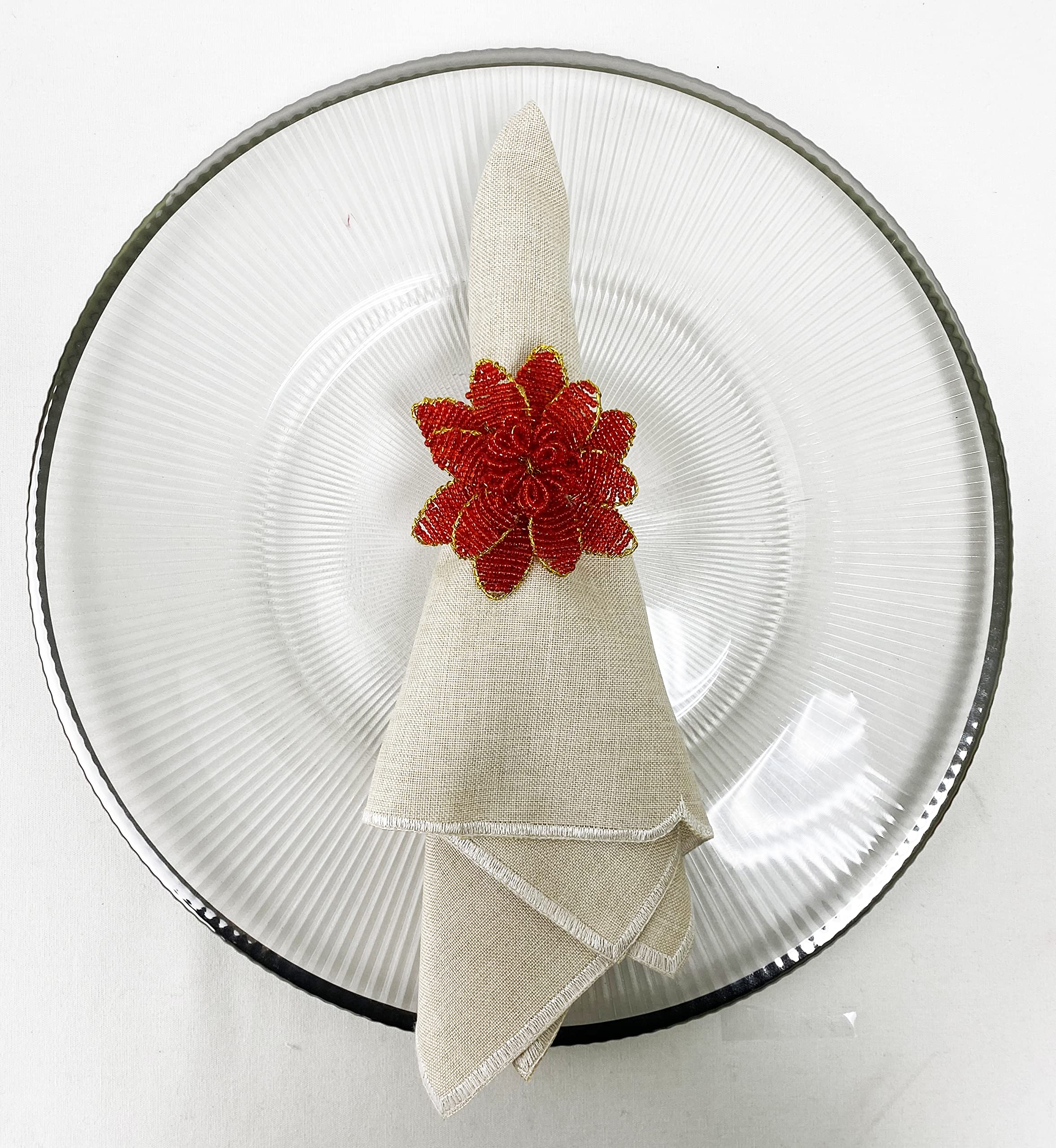 Fennco Styles Hand Beaded Christmas Poinsettia Napkin Rings, Set of 4 - Red Glass Bead Flower Napkin Holders for Home, Dining Room, Banquet, Family Gathering, Winter Holiday Décor and Special Occasion