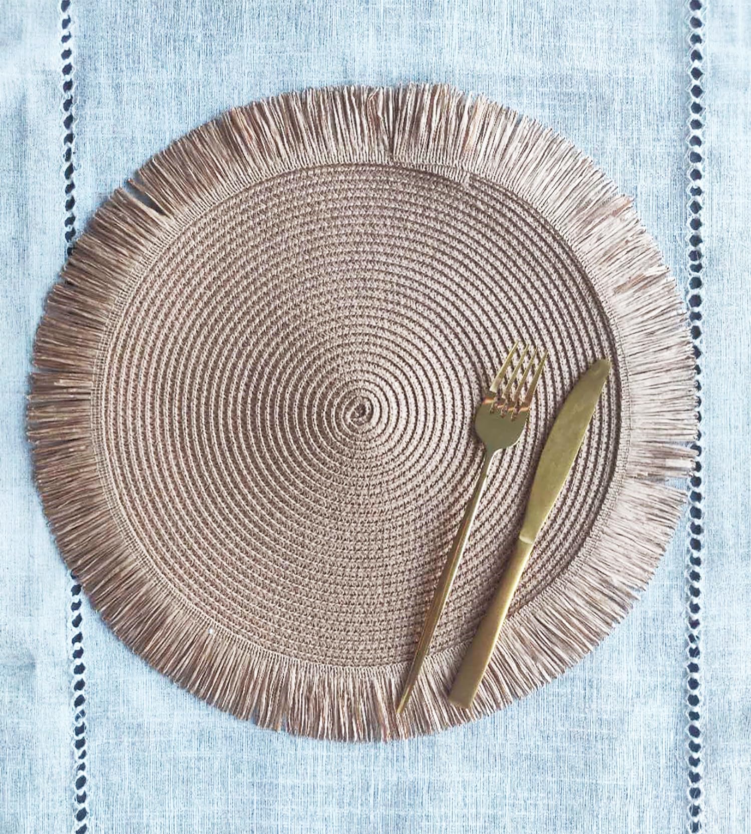Fennco Styles Handwoven Fringe Boho Placemats 15" Round - Natural Braided Texture Table Mats for Home, Dining Room, Banquets, Family Gathering and Special Occasion
