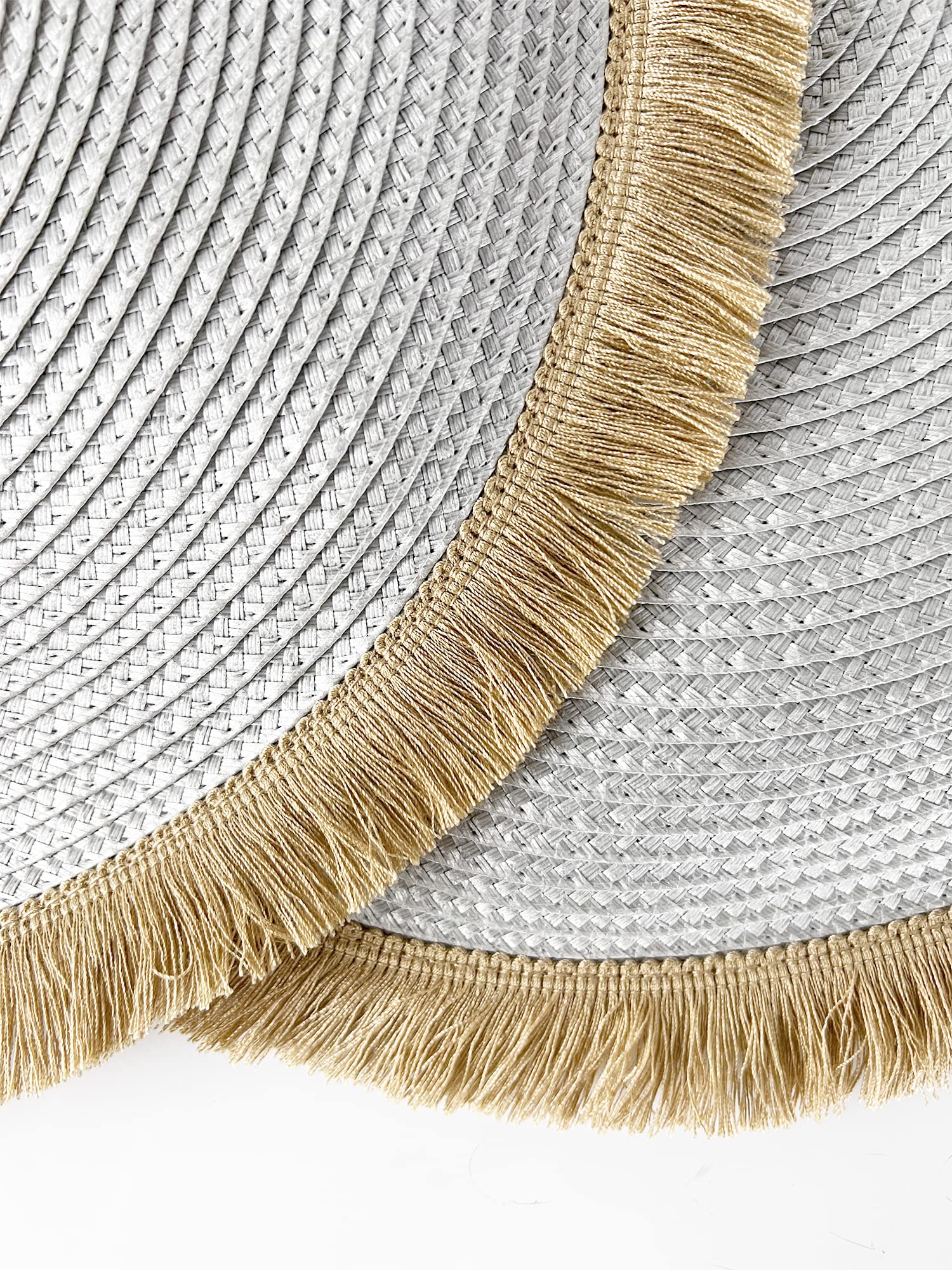 Fennco Styles Hand Braided Fringe Boho Placemats 15 Inch Round, Set of 4 - Beige & White Woven Textured Table Mats for Home, Dining Room, Banquets, Family Gathering and Special Occasion