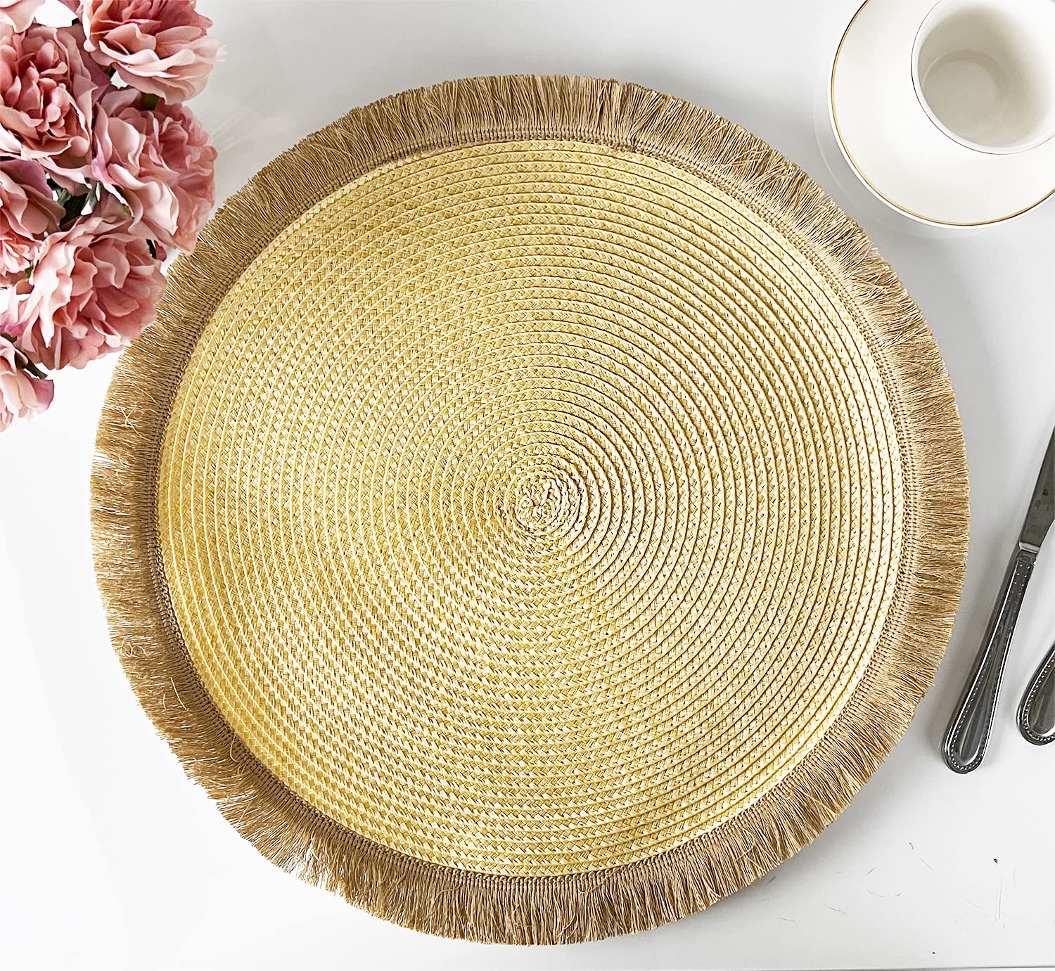Fennco Styles Hand Braided Fringe Boho Placemats 15 Inch Round, Set of 4 - Beige & White Woven Textured Table Mats for Home, Dining Room, Banquets, Family Gathering and Special Occasion