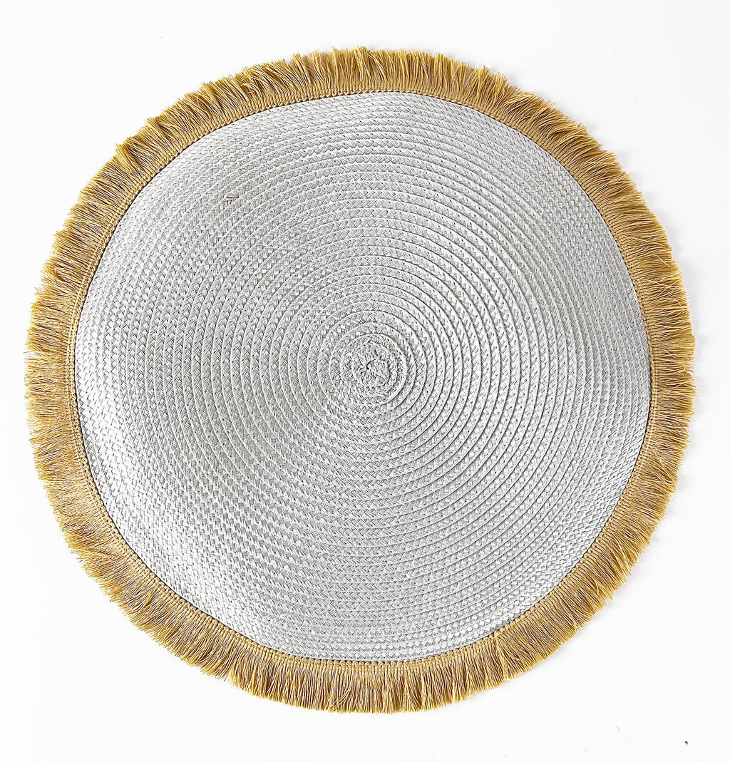 Fennco Styles Hand Braided Fringe Boho Placemats 15 Inch Round, Set of 4 - Beige & White Woven Textured Table Mats for Home, Dining Room, Banquets, Family Gathering and Special Occasion