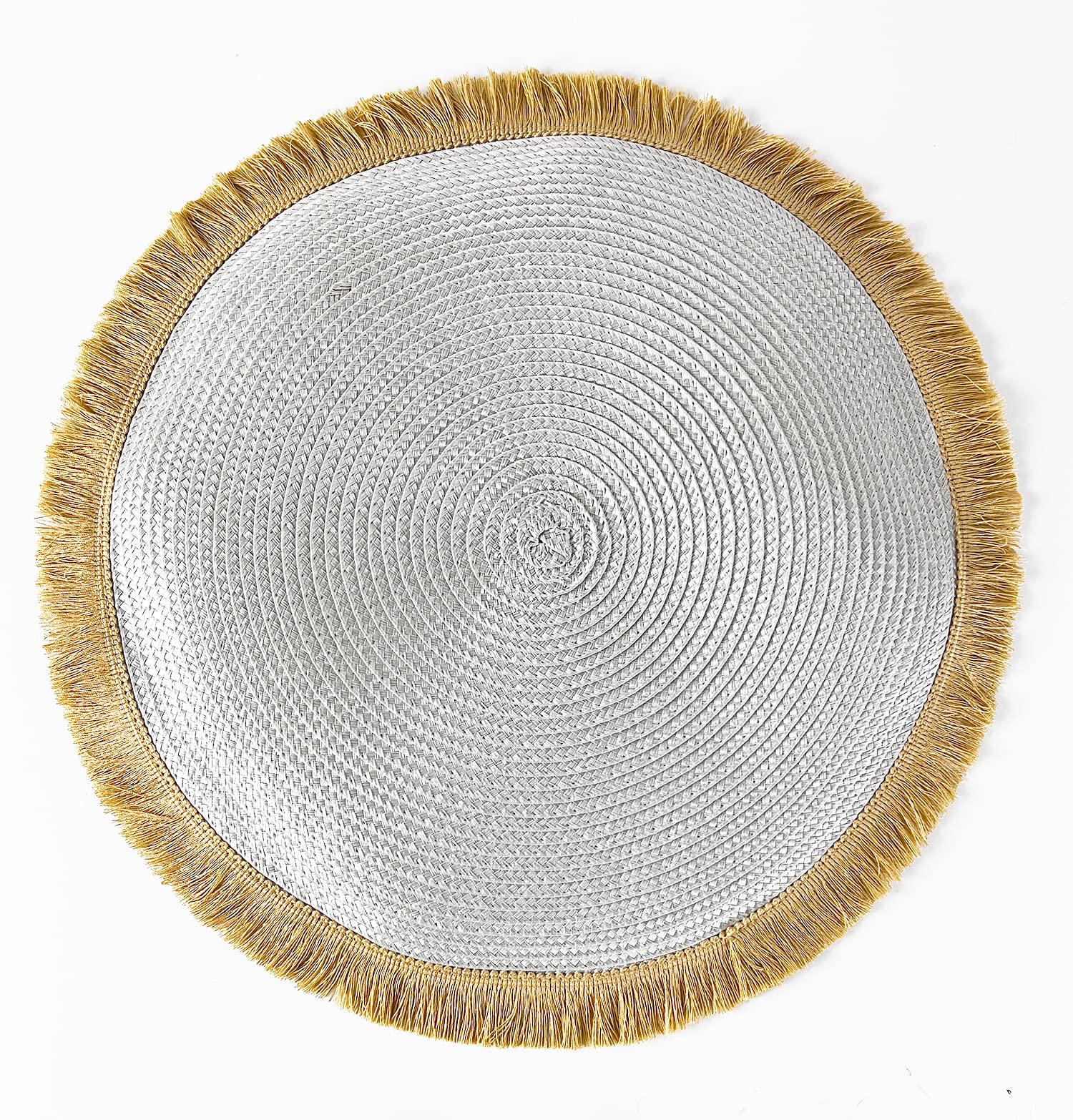 Fennco Styles Hand Braided Fringe Boho Placemats 15 Inch Round, Set of 4 - Beige & White Woven Textured Table Mats for Home, Dining Room, Banquets, Family Gathering and Special Occasion