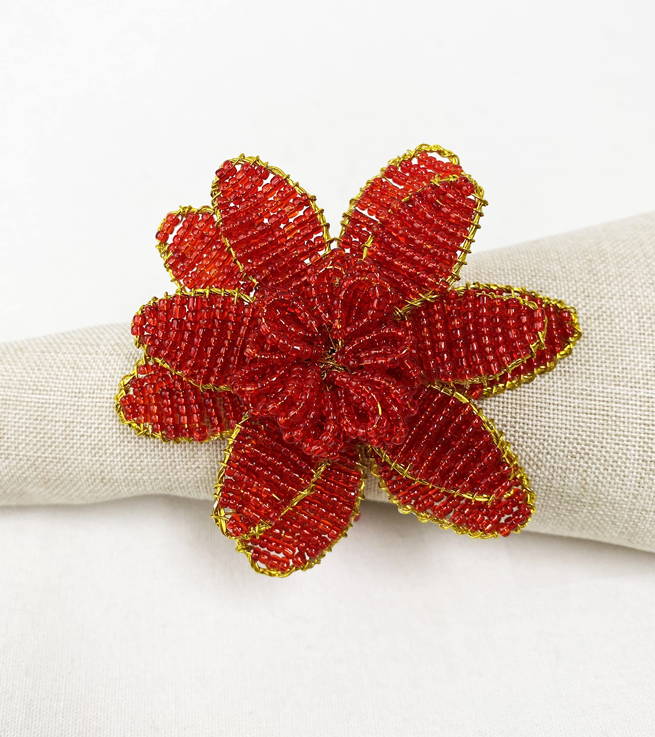 Fennco Styles Hand Beaded Christmas Poinsettia Napkin Rings, Set of 4 - Red Glass Bead Flower Napkin Holders for Home, Dining Room, Banquet, Family Gathering, Winter Holiday Décor and Special Occasion