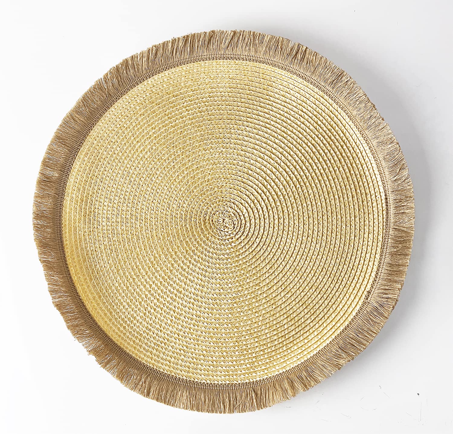 Fennco Styles Hand Braided Fringe Boho Placemats 15 Inch Round, Set of 4 - Beige & White Woven Textured Table Mats for Home, Dining Room, Banquets, Family Gathering and Special Occasion