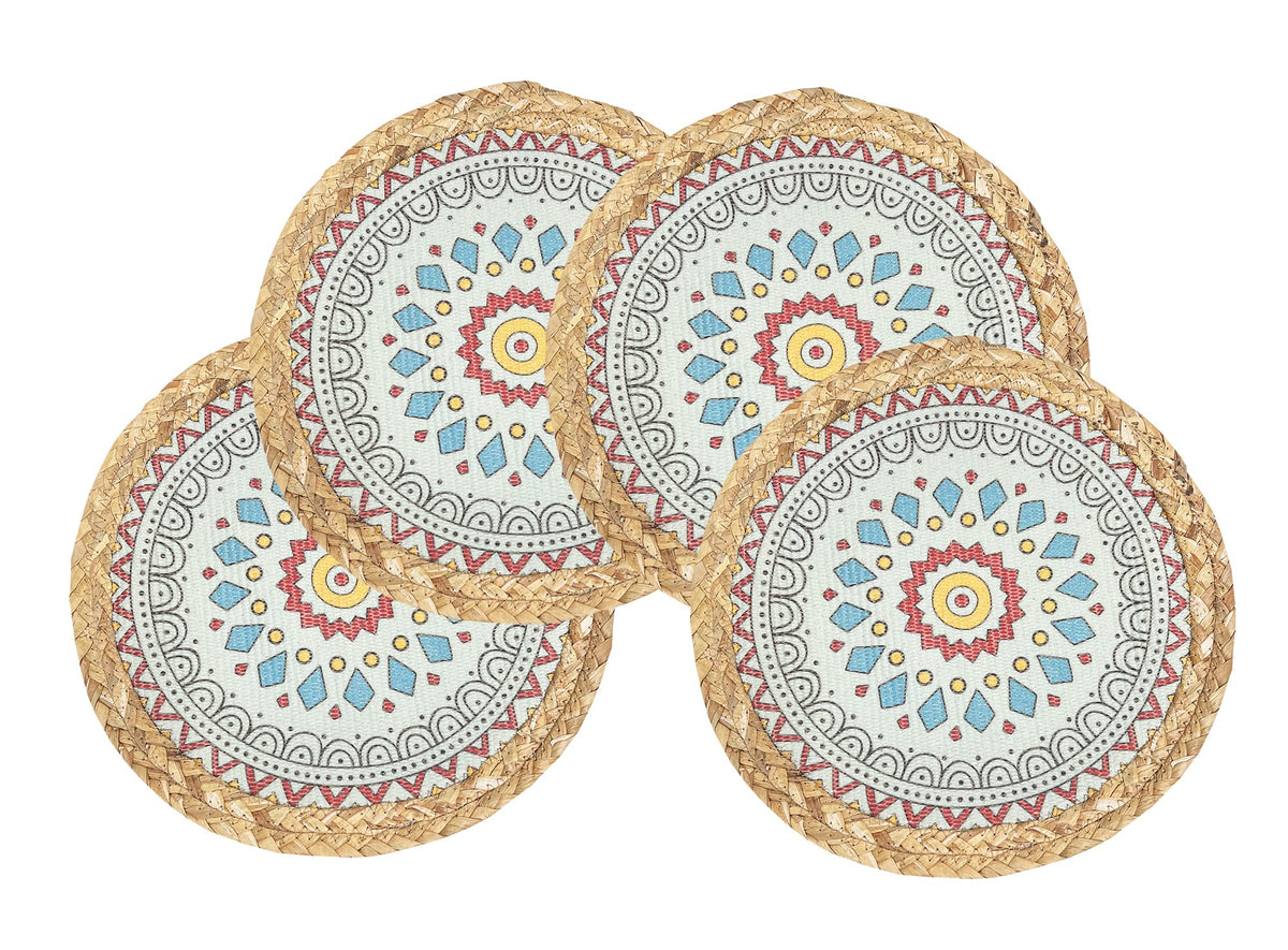 Fennco Styles Eclectic Mandala Water Hyacinth Edge Placemats 13" Round, Set of 4 - Multicolored Block Print Heat Resistant Insulation Table Mats for Home, Boho Décor, Dining Table, Banquets, Holidays