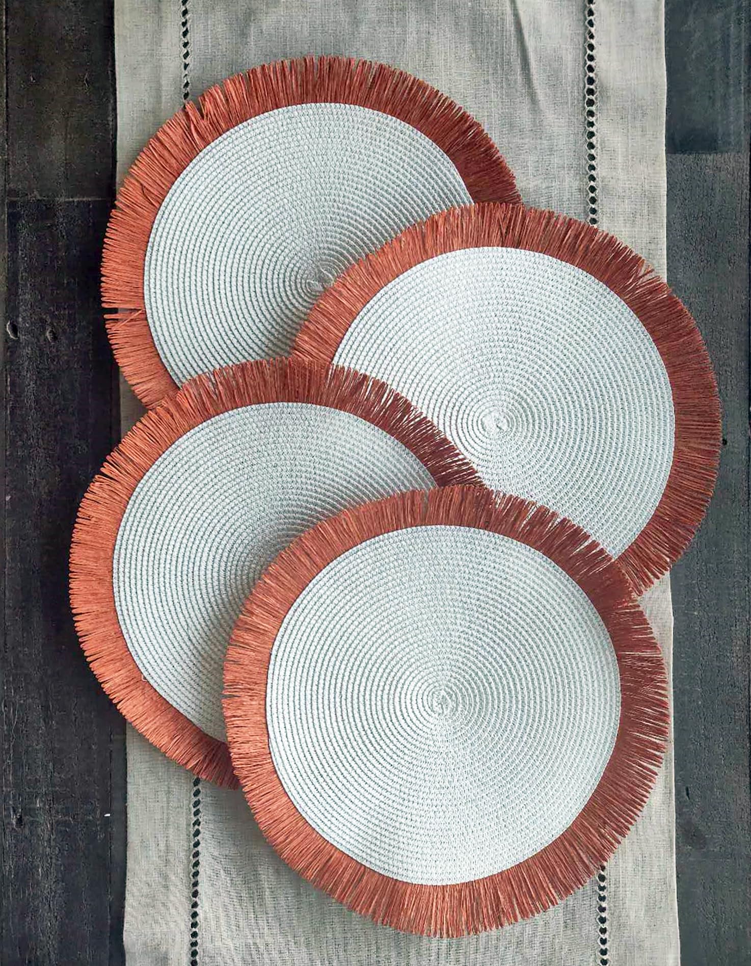 Fennco Styles Handwoven Fringe Boho Placemats 15" Round - Natural Braided Texture Table Mats for Home, Dining Room, Banquets, Family Gathering and Special Occasion