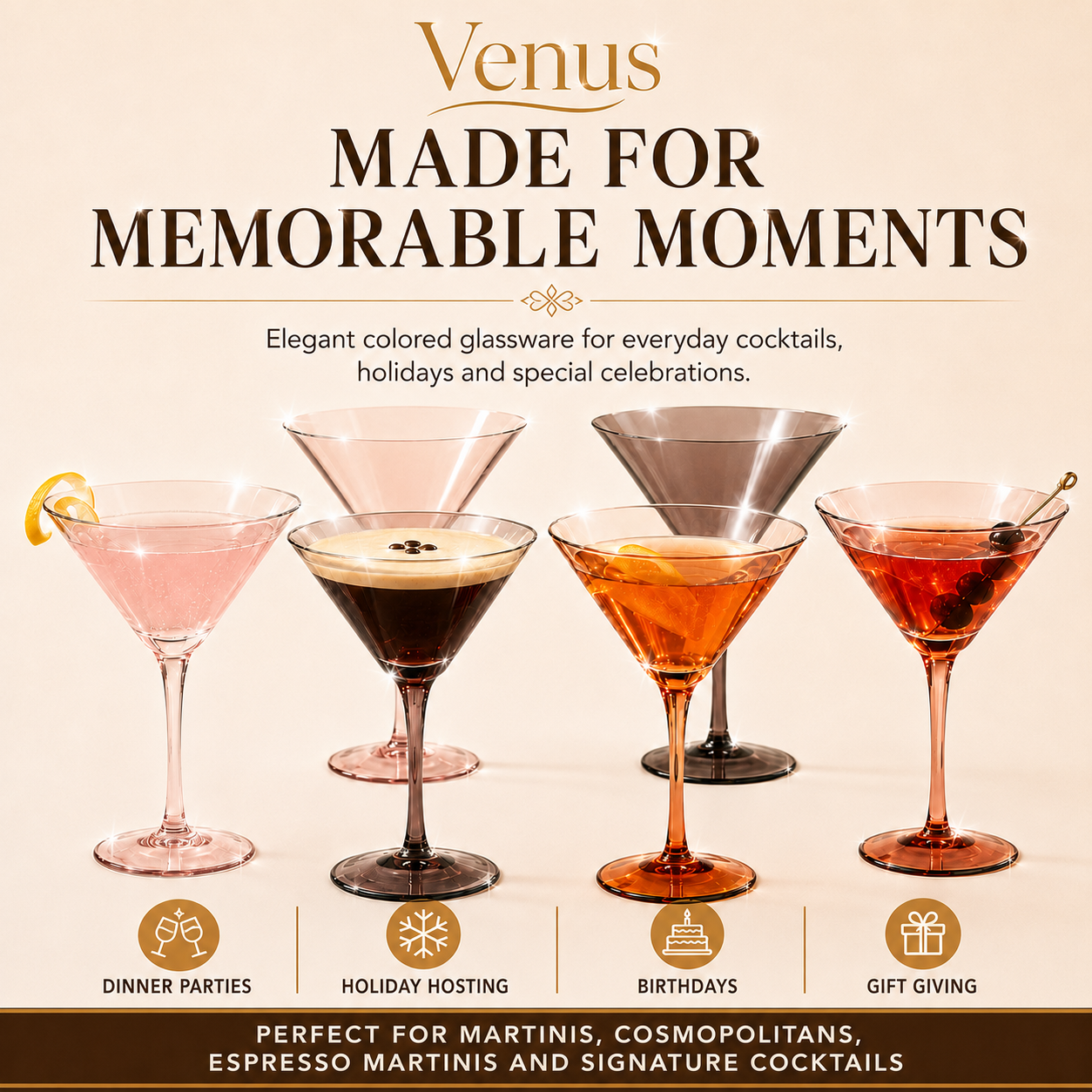 Venus Martini Cocktail Glassware, Set of 6