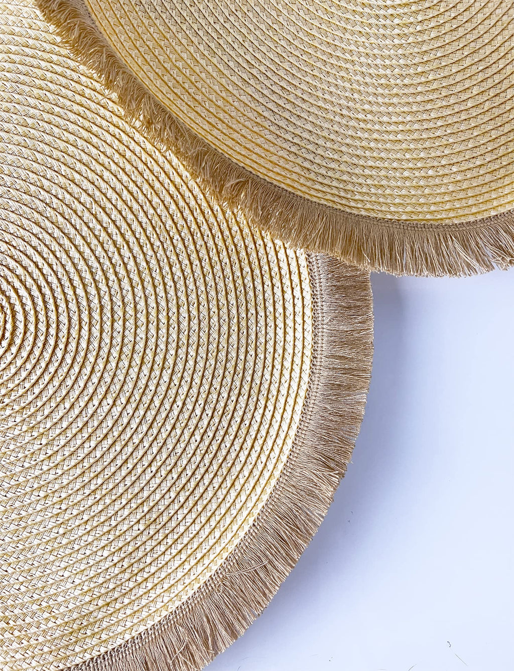 Fennco Styles Hand Braided Fringe Boho Placemats 15 Inch Round, Set of 4 - Beige & White Woven Textured Table Mats for Home, Dining Room, Banquets, Family Gathering and Special Occasion
