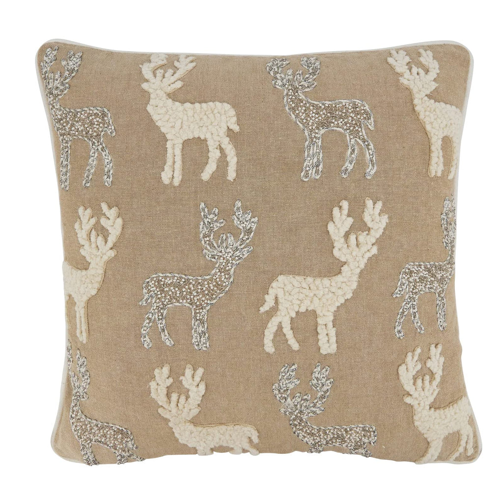 Fennco Styles Hand Beaded & Embroidered Reindeer Cotton Decorative Throw Pillow 18" W x 18" L – Natural Holiday Cushion for Home, Couch, Sofa, Bedroom, Office, Christmas Décor and Special Occasion