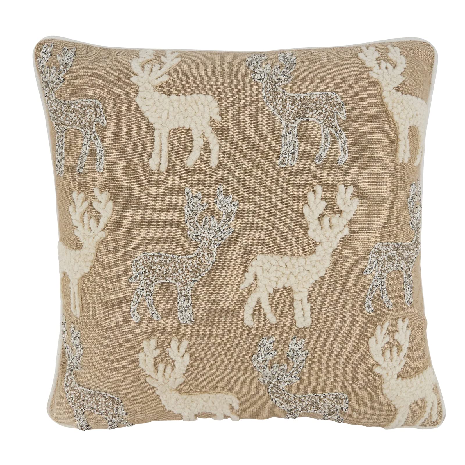 Fennco Styles Hand Beaded & Embroidered Reindeer Cotton Decorative Throw Pillow 18" W x 18" L – Natural Holiday Cushion for Home, Couch, Sofa, Bedroom, Office, Christmas Décor and Special Occasion