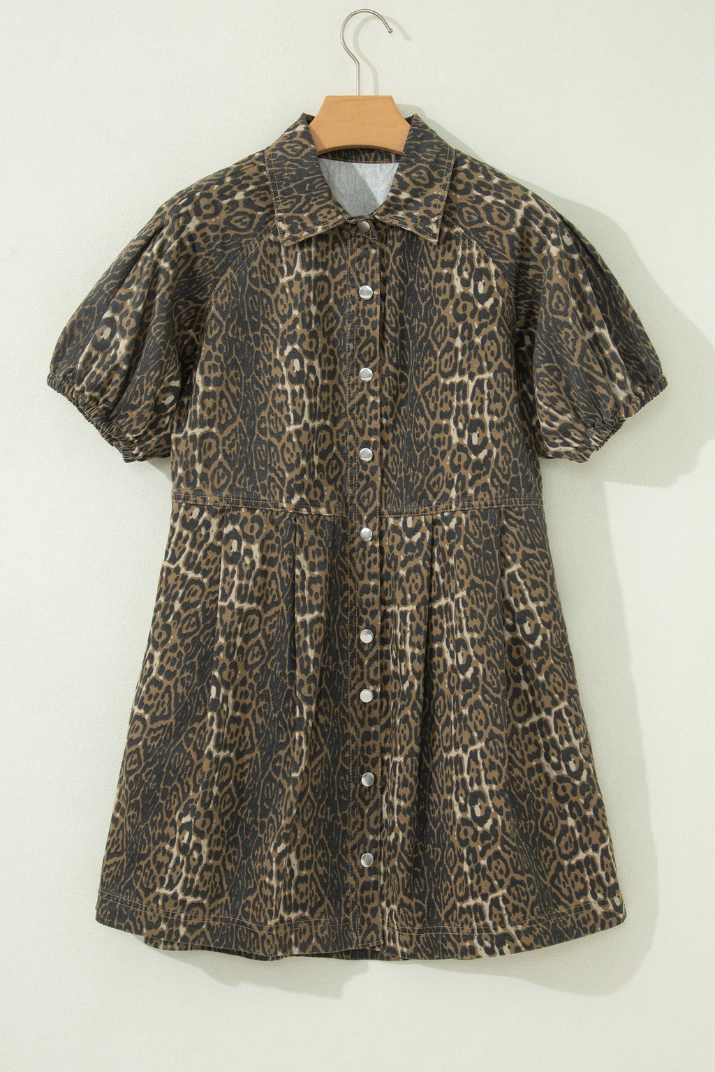Leopard Denim Short Sleeve Pleated Mini Dress