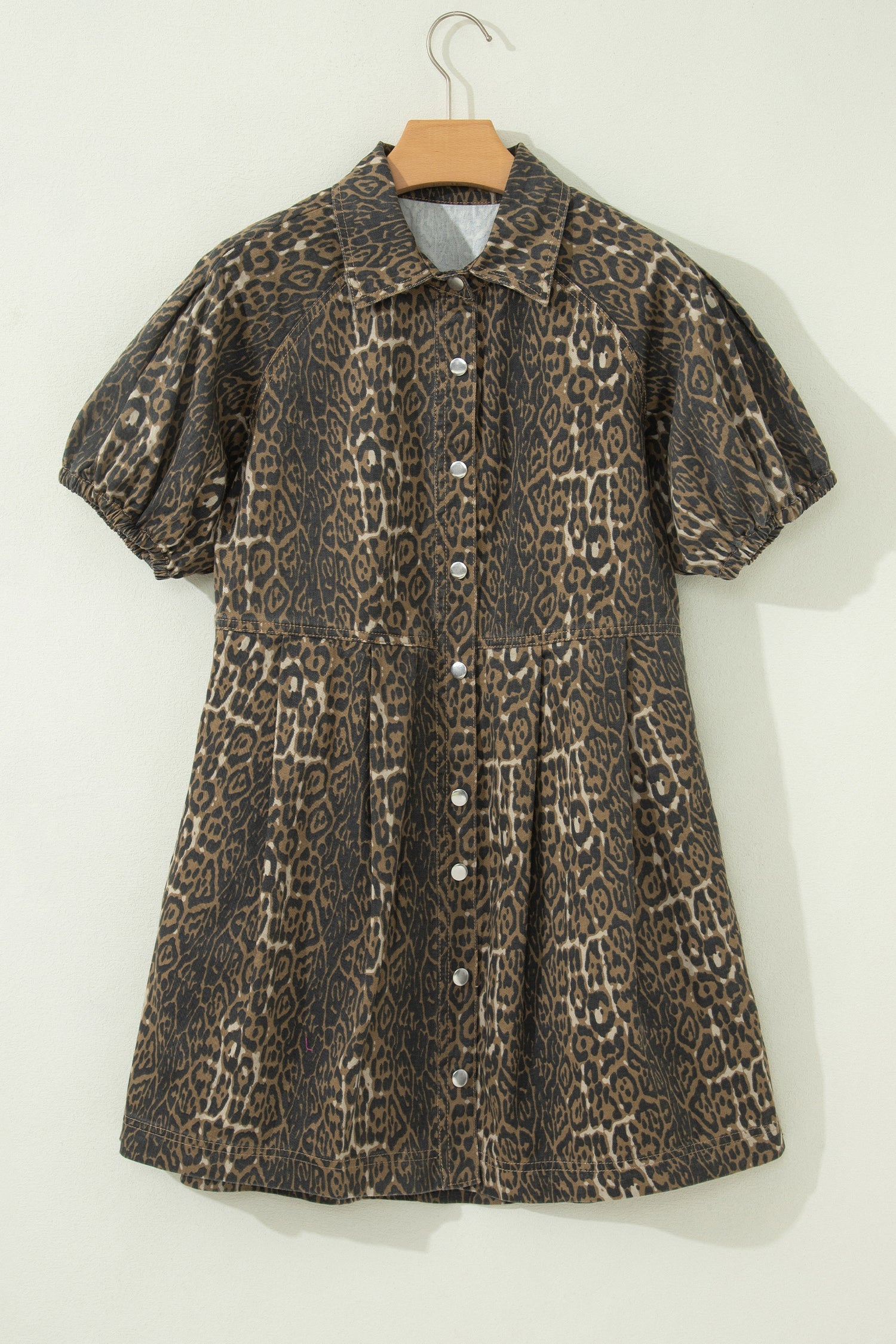 Leopard Denim Short Sleeve Pleated Mini Dress