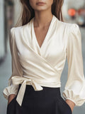 Satin Tied Balloon Sleeve Blouse