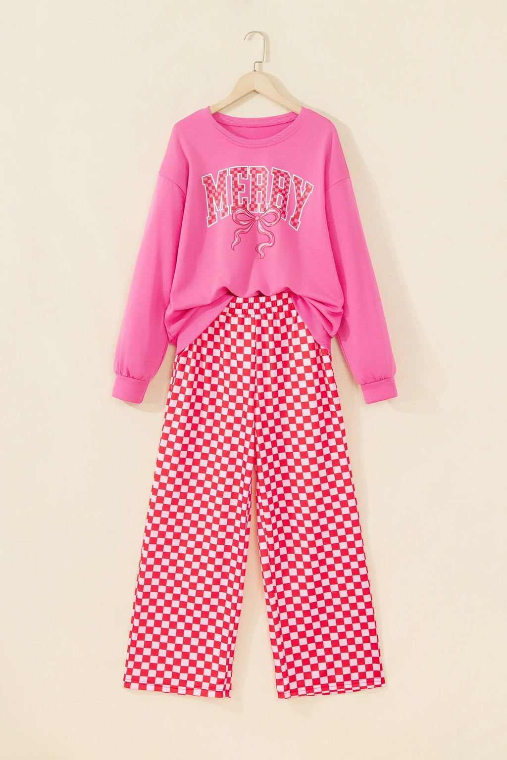 Christmas Merry Bow Graphic Top & Checker Pants Set