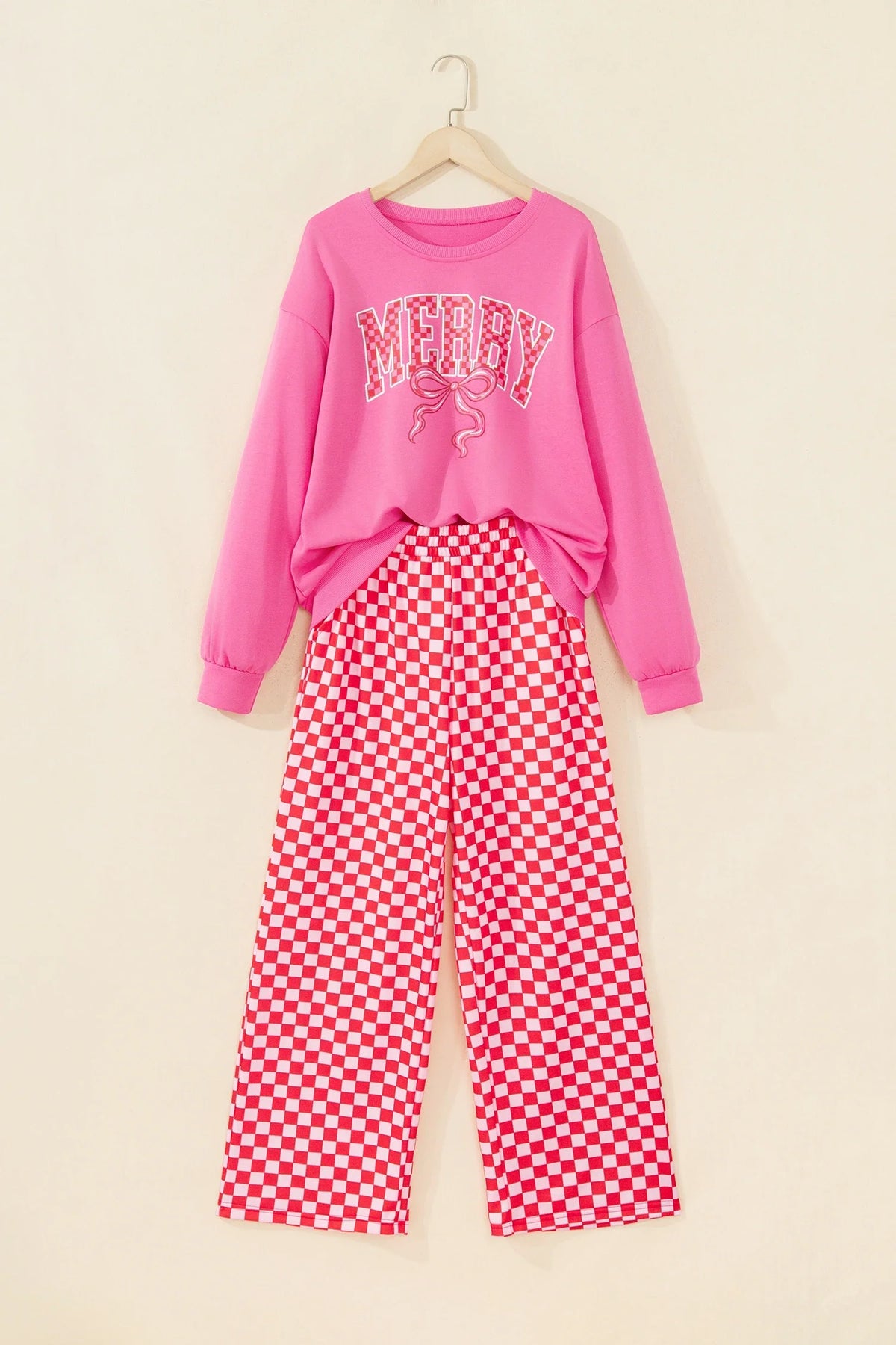 Christmas Merry Bow Graphic Top & Checker Pants Set