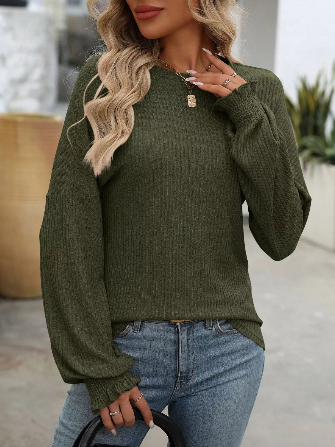 Ribbed Knit Ruffle Cuff T-Shirt