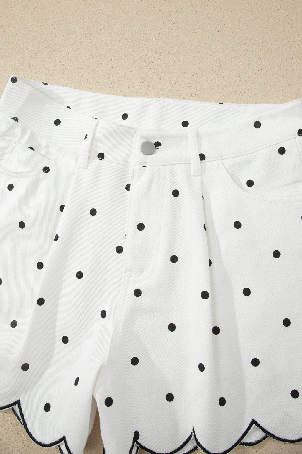 Polka Dot Denim Embroidered Scallop Hem Shorts